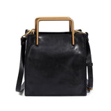 Black Italian leather shoulder bag with gold handles and adjustable strap, square design