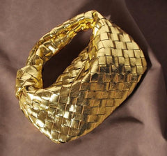 Golden/Silver Knotted Intrecciato Leather Handbag, Handcrafted Cowhide Genuine Leather Handbag, Daily Fashion Lady Bag, Designer Bag