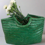 Green Handcrafted Woven Leather Tote Bag, Full Grain Leather Hand Woven Triple Jump Bamboo Ladies HoBo Bag, Curve Opening Summer Holiday Bag