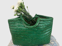 Green Handcrafted Woven Leather Tote Bag, Full Grain Leather Hand Woven Triple Jump Bamboo Ladies HoBo Bag, Curve Opening Summer Holiday Bag