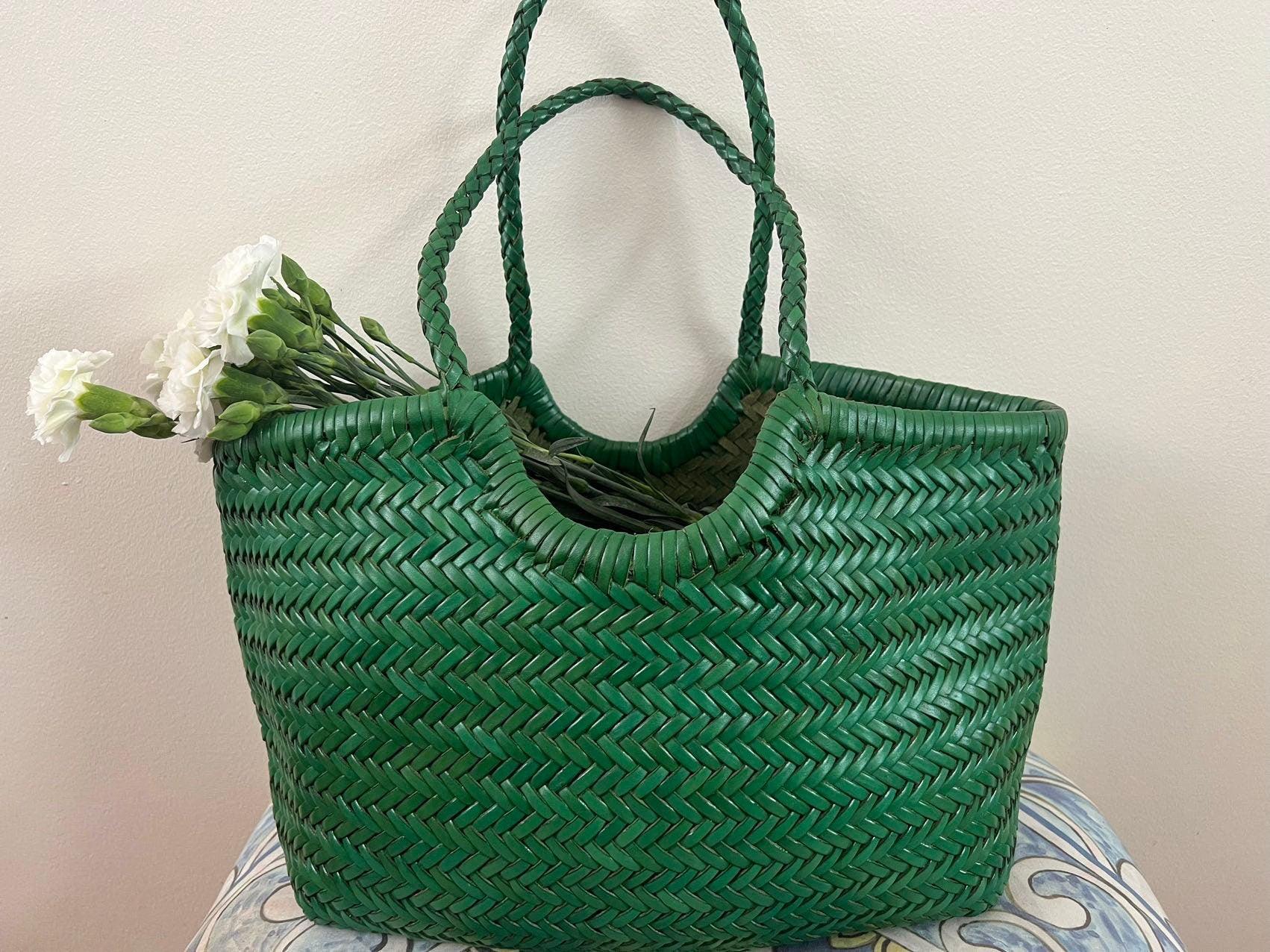 Green Handcrafted Woven Leather Tote Bag, Full Grain Leather Hand Woven Triple Jump Bamboo Ladies HoBo Bag, Curve Opening Summer Holiday Bag