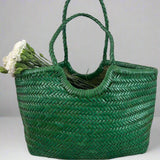 Green Handcrafted Woven Leather Tote Bag, Full Grain Leather Hand Woven Triple Jump Bamboo Ladies HoBo Bag, Curve Opening Summer Holiday Bag