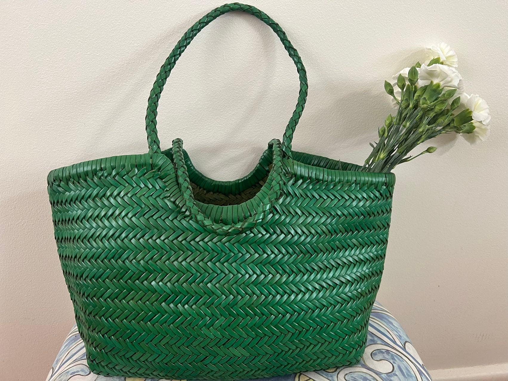 Green Handcrafted Woven Leather Tote Bag, Full Grain Leather Hand Woven Triple Jump Bamboo Ladies HoBo Bag, Curve Opening Summer Holiday Bag