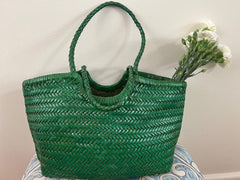 Green Handcrafted Woven Leather Tote Bag, Full Grain Leather Hand Woven Triple Jump Bamboo Ladies HoBo Bag, Curve Opening Summer Holiday Bag