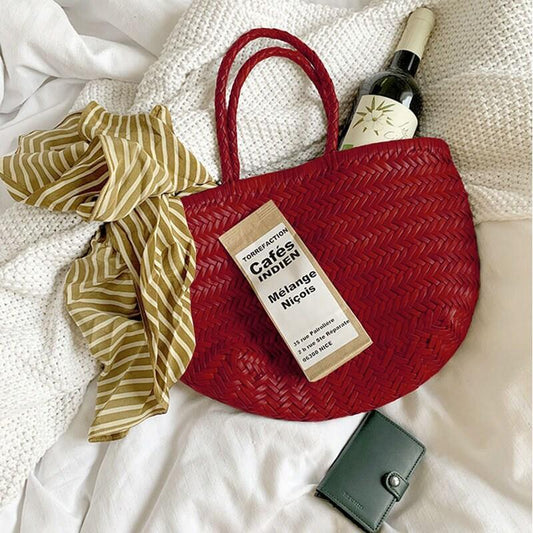 Italy Full Grain Leather Soft Woven Triple Jump Bamboo Style HandBag, Handcrafted Ladies Bag, Basket Bag, Coffee, Black, Brown, Red