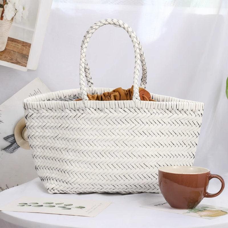 Italy Full Grain Leather Soft Woven Triple Jump Bamboo Style HandBag, Handcrafted Ladies Bag, Basket Bag, Coffee, Black, Brown, White