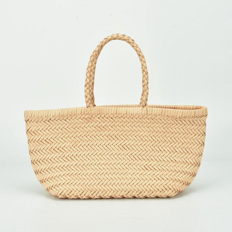 Green Italy Full Grain Leather Soft Woven Triple Jump Bamboo Style HandBag, Handcrafted Ladies Bag, Basket Bag, Plant Green, Red, White