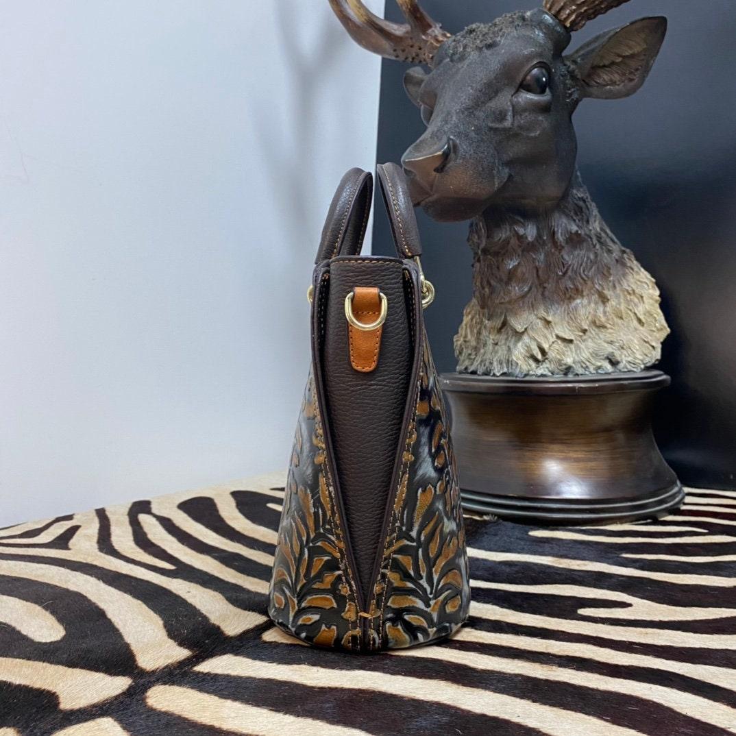 Hand-Carved Bucket Bag, Hand-Painted Black in Brown Shoulder Bag with Leather Carving, Vintage Crafted Bag, Boho Leather Bag, Gift For Her
