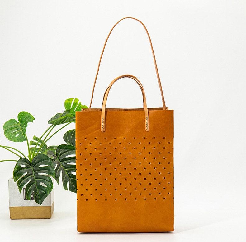 Handcrafted Cowhide Leather Minimalism Tote Bag, Leather Everyday Bag, Hollow Out Star Pattern Bag, Birthday gift for Her