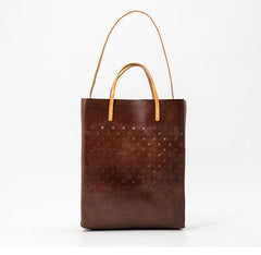 Handcrafted Cowhide Leather Minimalism Tote Bag, Leather Everyday Bag, Hollow Out Star Pattern Bag, Birthday gift for Her