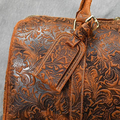 Handcrafted Embossed Cowhide Leather Duffle Bag, Large Vacation Travel Bag, Travel Holdall, Lightweight Cabin Luggage, Leather Gym Bag