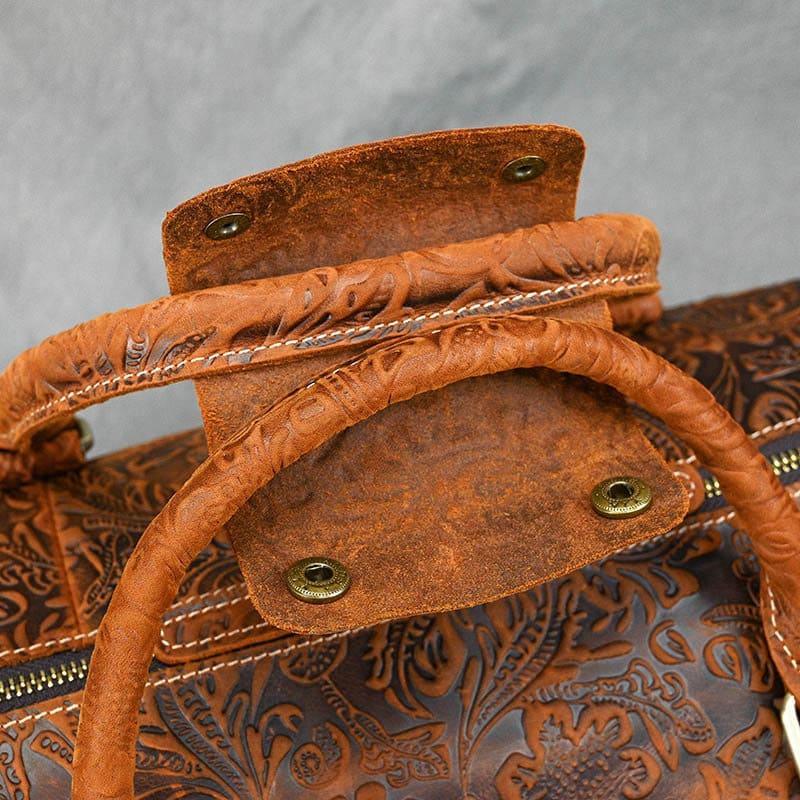 Handcrafted Embossed Cowhide Leather Duffle Bag, Large Vacation Travel Bag, Travel Holdall, Lightweight Cabin Luggage, Leather Gym Bag