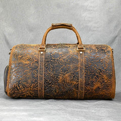 Handcrafted Embossed Cowhide Leather Duffle Bag, Large Vacation Travel Bag, Travel Holdall, Lightweight Cabin Luggage, Leather Gym Bag