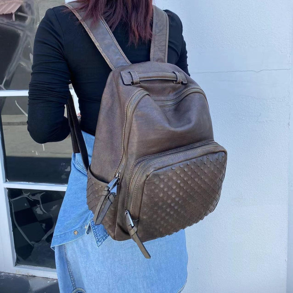 Handcrafted Full-grain Leather Backpack, Heavy-duty Stud Hiking, Women & Men Purse, Unisex, Vintage Laptop Backpack, 15-inches Laptop Bag, Coffee