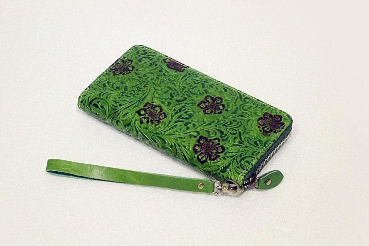 Handcrafted Genuine Leather Wallet | Embossed Purse | Women Leather Clutch | Women's Leather Wallets | Green Purse