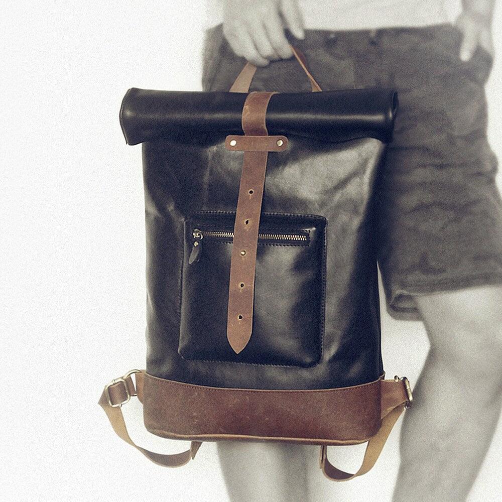 Handcrafted Leather 15" Inch Backpack, Men Leather Rucksack College Roll Top Backpack, Gift Him Birthday, Women Brown Laptop Bag