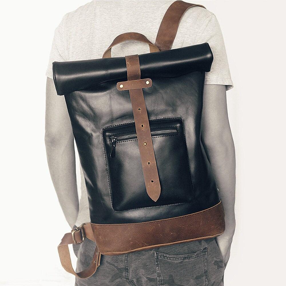 Handcrafted Leather 15" Inch Backpack, Men Leather Rucksack College Roll Top Backpack, Gift Him Birthday, Women Brown Laptop Bag