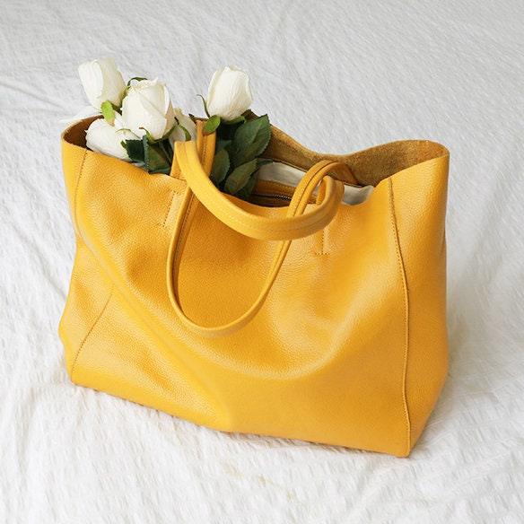 Handcrafted Leather Tote Bag, Full Grain Leather Large Tote Bag, Birthday gift for her, yellow, Shell Pink, Caramel, Black, Gift For Her, Yellow