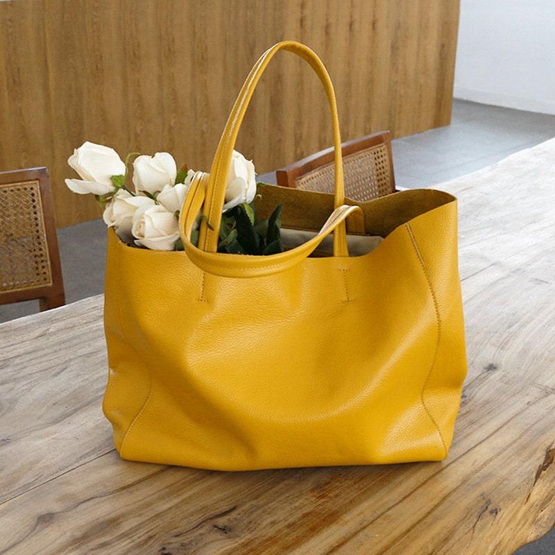 Handcrafted Leather Tote Bag, Full Grain Leather Large Tote Bag, Birthday gift for her, yellow, Shell Pink, Caramel, Black, Gift For Her, Yellow