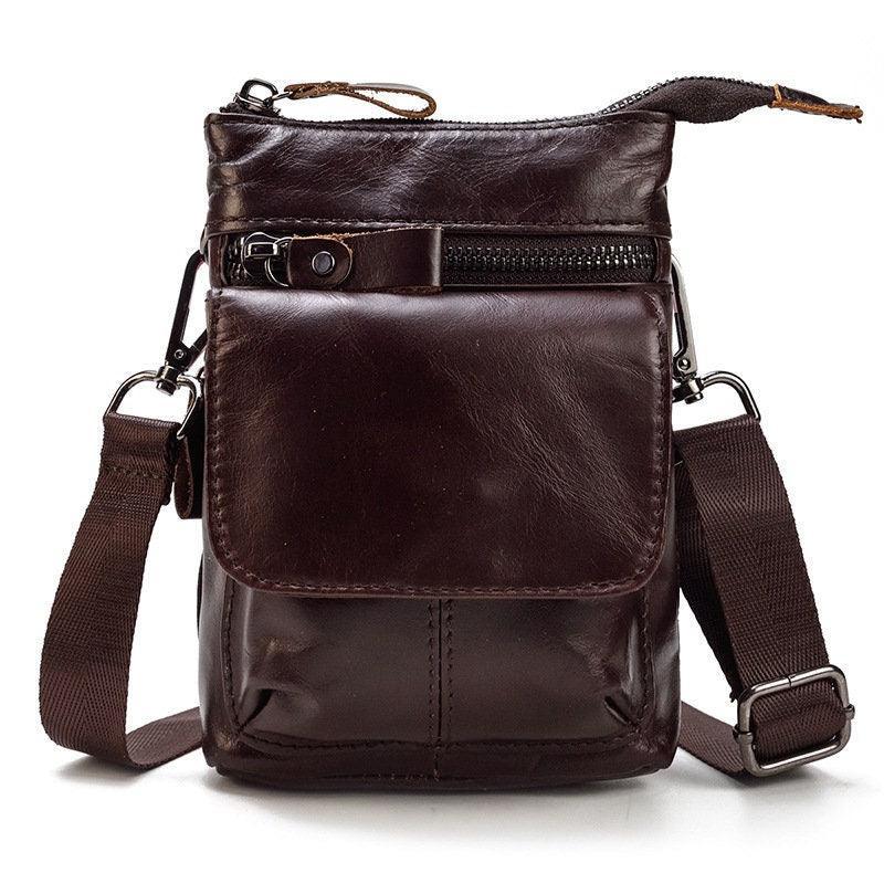 Handcrafted men's full grain leather crossbody bag with front zipper and adjustable strap