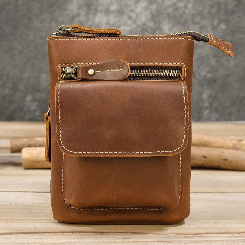 Handcrafted full grain leather crossbody bag for men with front pocket and zipper pouch