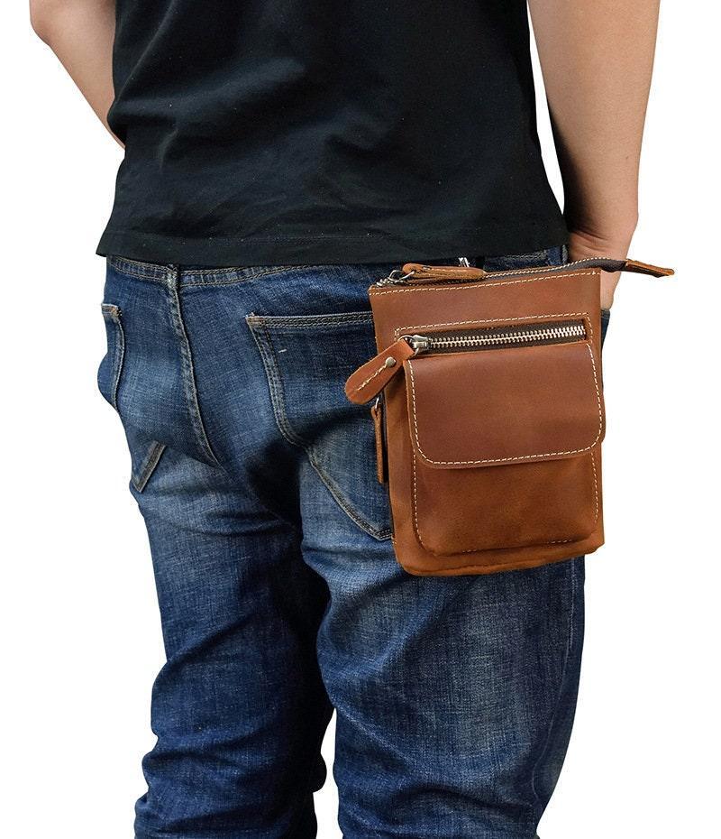 Handcrafted full grain leather crossbody waist bag for men with zipper and pouch detail