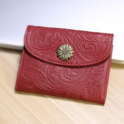 Handcrafted Minimalist Leather Wallet, Card Holder Women, Red Embossed Flower Slim Wallet, Women's wallet, Classic Coin Purse Gift