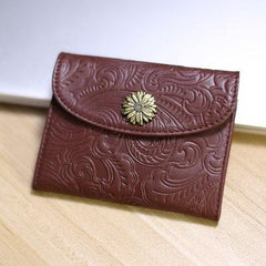 Handcrafted Minimalist Leather Wallet, Card Holder Women, Red Embossed Flower Slim Wallet, Women's wallet, Classic Coin Purse Gift