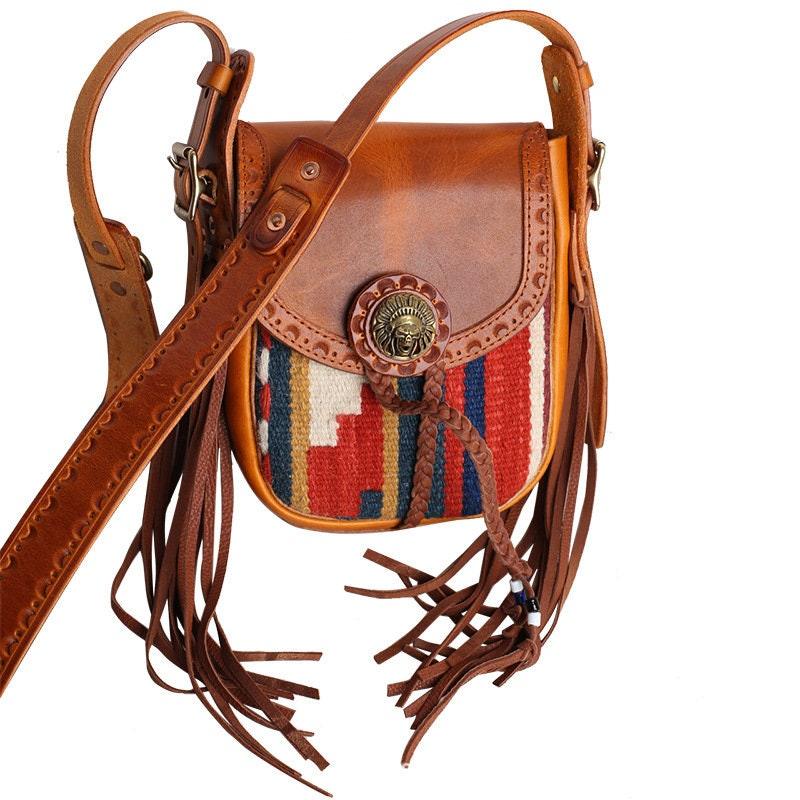 Handcrafted Turkey Kilim & Leather Bag | Full Grain Leather Hand Spun Wool vintage Kilim Berber Mobile Purse, Women Shoulder Bag