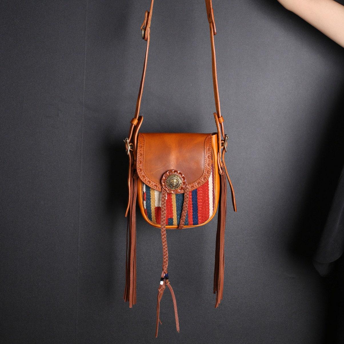 Handcrafted Turkey Kilim & Leather Bag | Full Grain Leather Hand Spun Wool vintage Kilim Berber Mobile Purse, Women Shoulder Bag