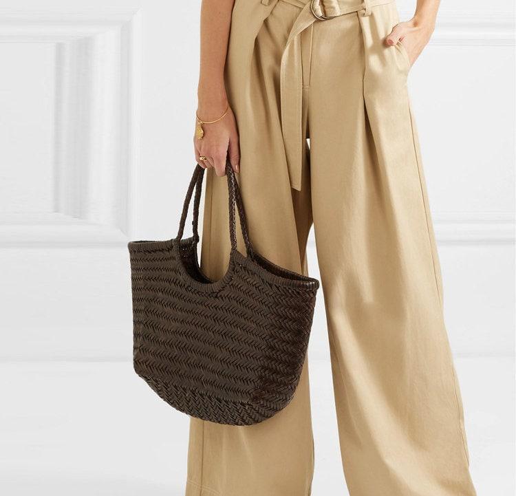 Handcrafted Woven Leather Tote Bag, Full Grain Leather Hand Woven Triple Jump Bamboo Style Ladies HOBO Bag, Summer Holiday Bag, Coffee