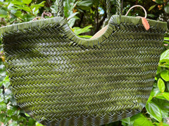 Handcrafted Woven Leather Tote Bag, Full Grain Leather Hand Woven Triple Jump Bamboo Style Ladies HOBO Bag, Summer Holiday Bag, Green