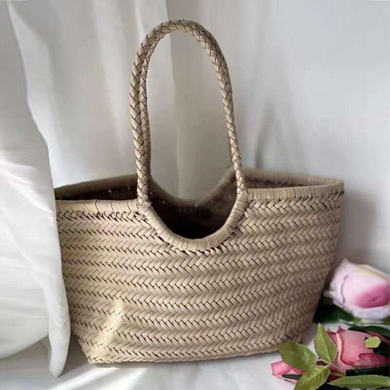 Handcrafted Woven Leather Tote Bag, Full Grain Leather Hand Woven Triple Jump Bamboo Style Ladies HOBO Bag, Summer Holiday Bag, nature