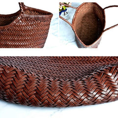 Handcrafted Woven Leather Tote Bag, Full Grain Leather Hand Woven Triple Jump Bamboo Style Ladies HOBO Bag, Summer Holiday Bag