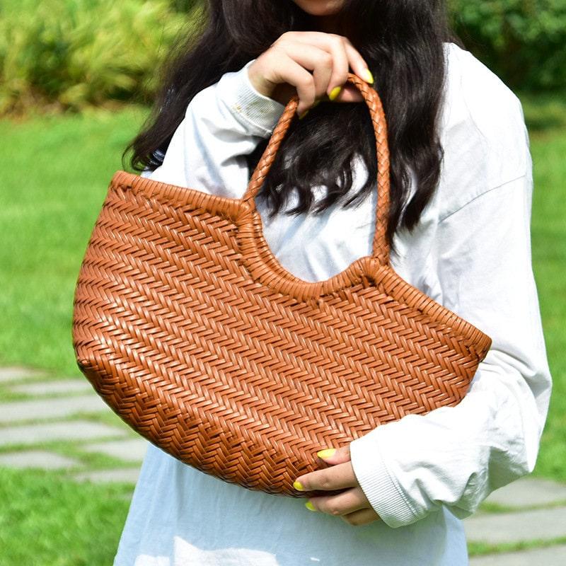 Handcrafted Woven Leather Tote Bag, Leather Hand Woven Triple Jump Bamboo Style Ladies HOBO Bag, Summer Holiday Bag, Women Woven Bag