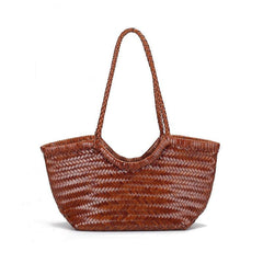 Handcrafted Woven Leather Tote Bag, Leather Hand Woven Triple Jump Bamboo Style Ladies HOBO Bag, Summer Holiday Bag, Women Woven Bag, dark brown