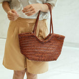 Handcrafted Woven Leather Tote Bag, Leather Hand Woven Triple Jump Bamboo Style Ladies HOBO Bag, Summer Holiday Bag, Women Woven Bag, dark brown