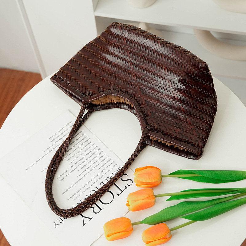 Handcrafted Woven Leather Tote Bag, Leather Hand Woven Triple Jump Bamboo Style Ladies HOBO Bag, Summer Holiday Bag, Women Woven Bag, coffee