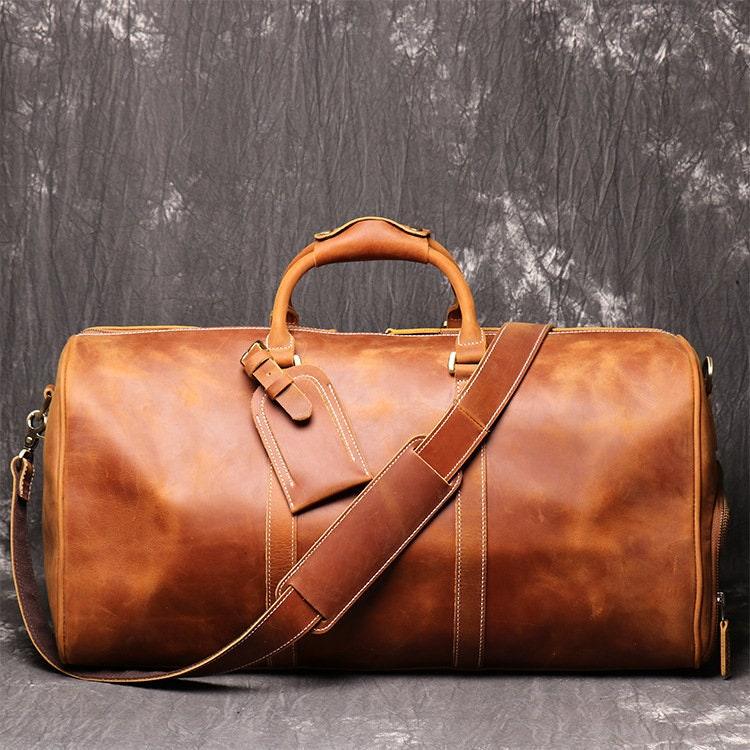 Handmade Full Grain Leather Duffle Bag, Cowhide Large Vacation Travel Bag, Travel Holdall, Lightweight Cabin Luggage, Leather Gym Bag