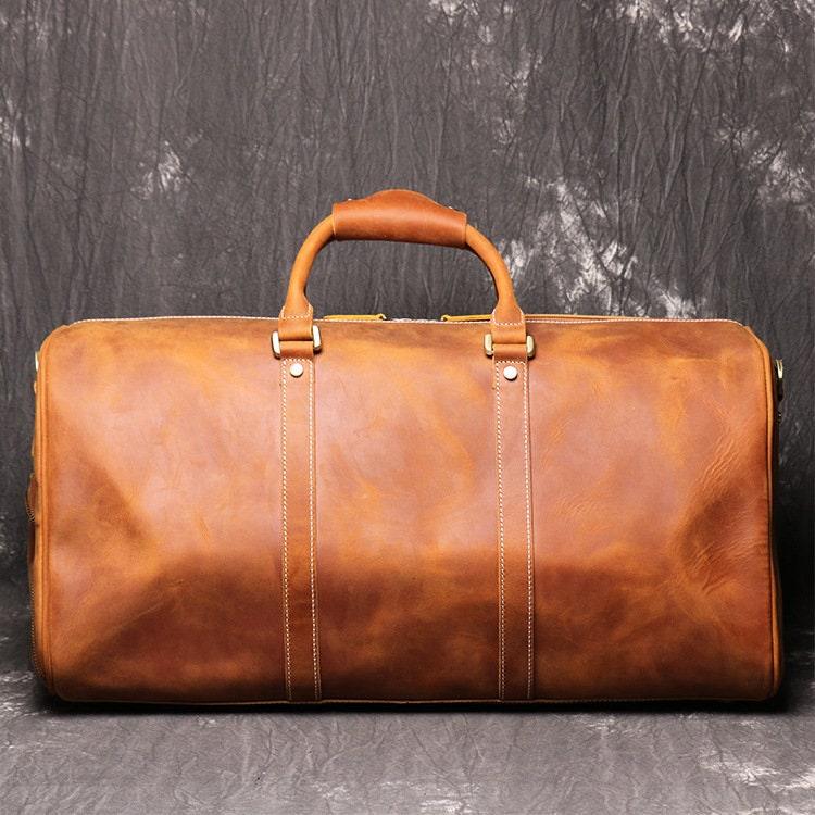 Handmade Full Grain Leather Duffle Bag, Cowhide Large Vacation Travel Bag, Travel Holdall, Lightweight Cabin Luggage, Leather Gym Bag
