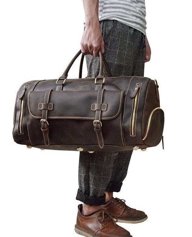 Handmade full grain leather duffle bag with shoe compartment and zipper pockets