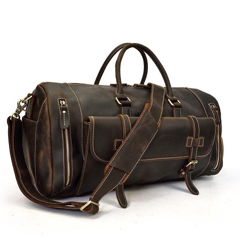Handmade dark brown full grain leather duffle bag with shoe compartment and shoulder strap