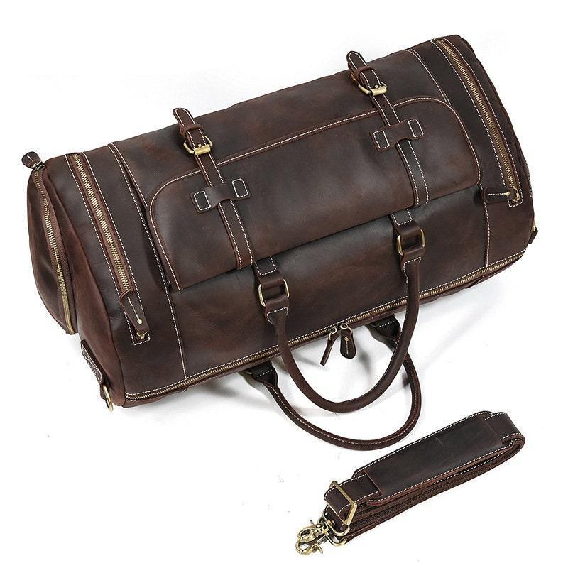 Handmade full grain dark brown leather duffle bag with shoe compartment and detachable strap