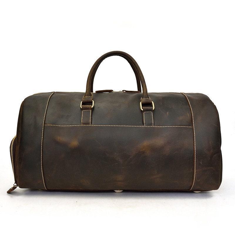 Dark brown full grain leather duffle bag with shoe compartment and double handles