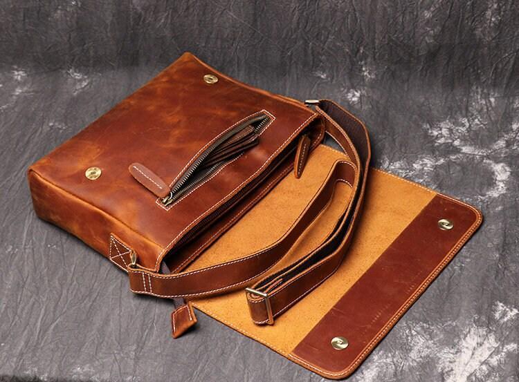 Handmade retro brown cowhide leather shoulder bag with adjustable strap and outer zipper pocket