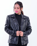 Handmade women's genuine leather biker jacket, slim fit, black, with front zipper and lapel collar.