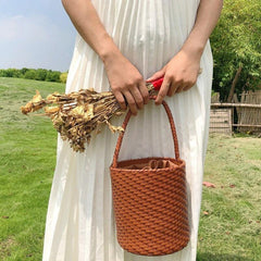 Handwoven Genuine Leather Bucket Bag, Woven Triple Jump Bamboo Ladies Handbag, Weekend Basket Bag, Summer Beach Bag, Coffee, Brown