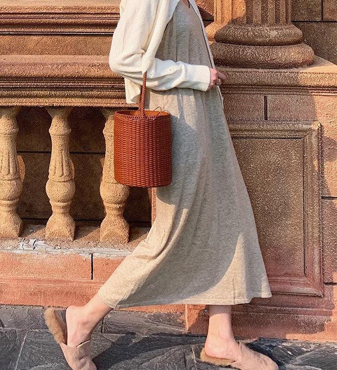 Handwoven Genuine Leather Bucket Bag, Woven Triple Jump Bamboo Ladies Handbag, Weekend Basket Bag, Summer Beach Bag, Coffee, Brown