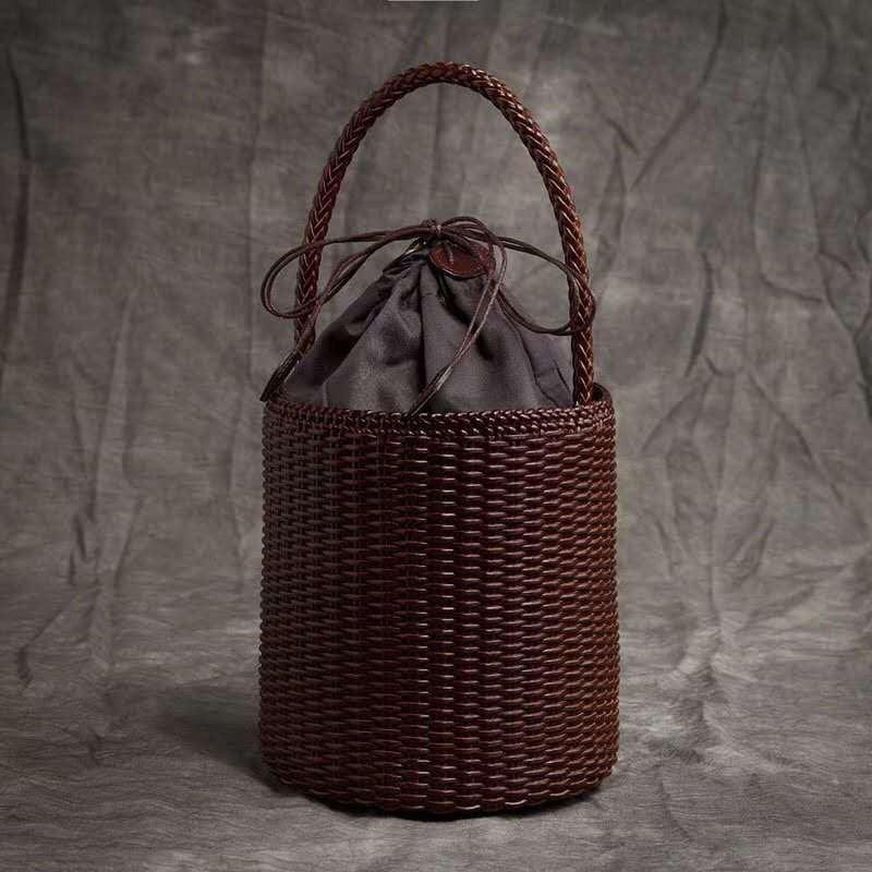 Handwoven Genuine Leather Bucket Bag, Woven Triple Jump Bamboo Ladies Handbag, Weekend Basket Bag, Summer Beach Bag, Coffee, Brown