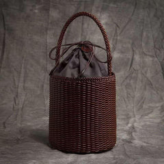 Handwoven Genuine Leather Bucket Bag, Woven Triple Jump Bamboo Ladies Handbag, Weekend Basket Bag, Summer Beach Bag, Coffee, Brown